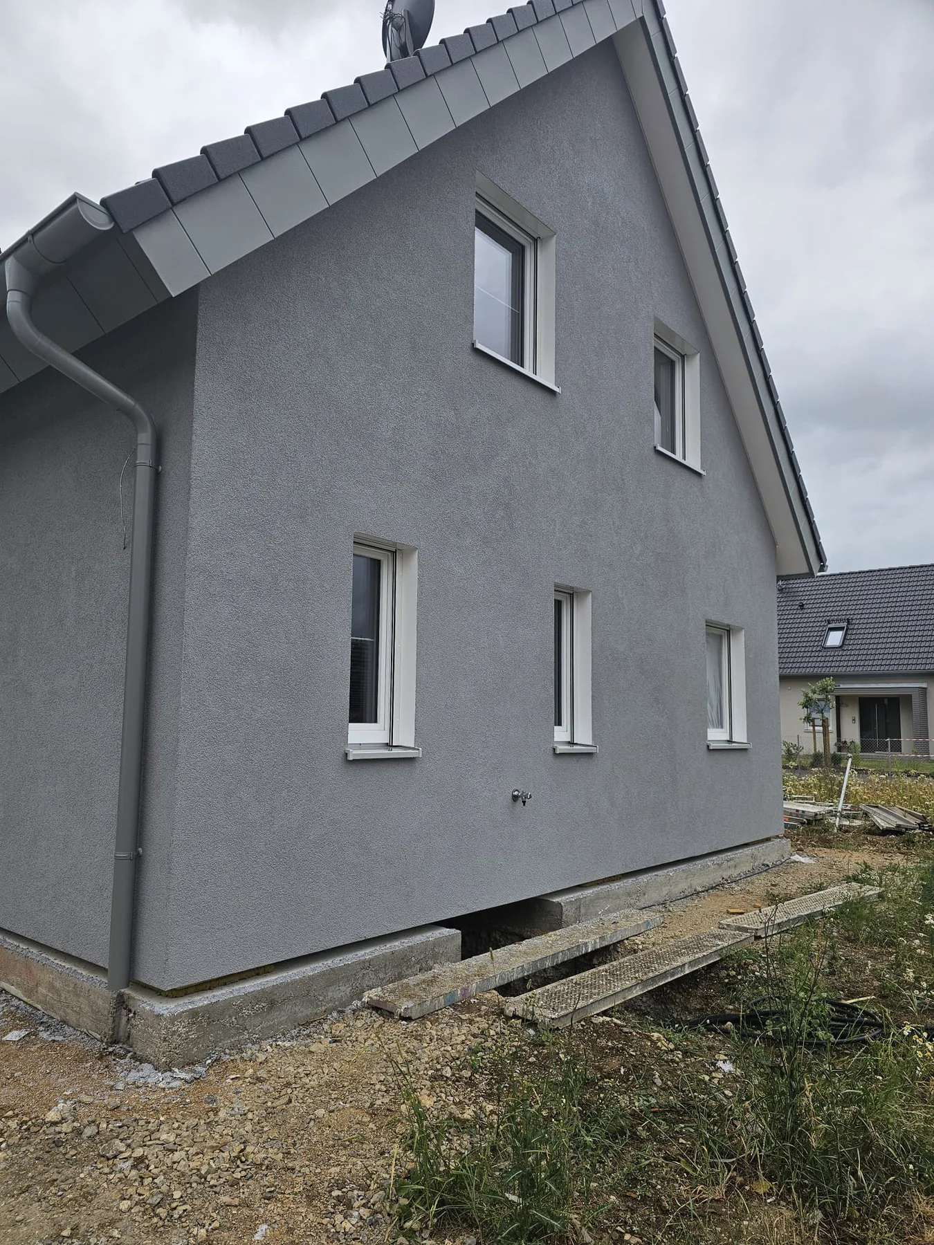 Gepflegte graue Hausfassade mit Außenputz